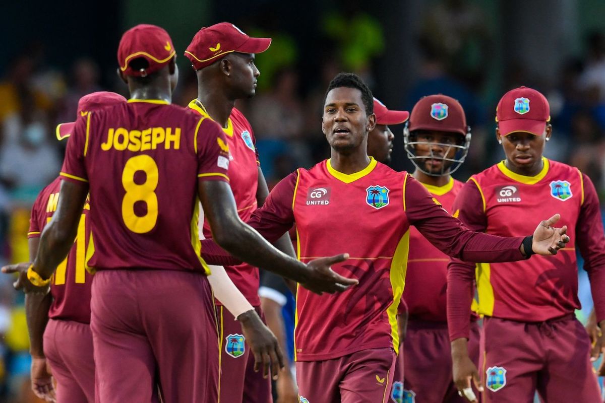 Akeal Hosein is joined by team-mates after he dismissed Michael Bracewell, West Indies vs New Zealand, 2nd ODI, Bridgetown, August 19, 2022
