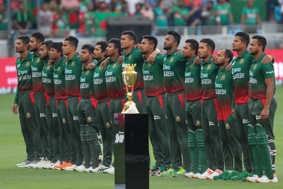 Bangladesh's players line up for the national anthem