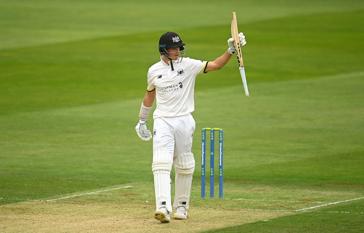 Marcus Harris breaks his bat during his century for Gloucestershire ...