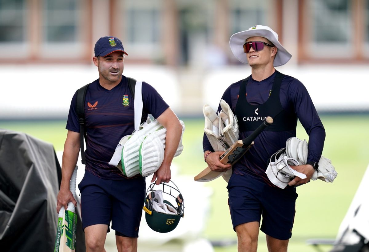 Dean Elgar and Ryan Rickelton talk during a nets session at Lord's ...