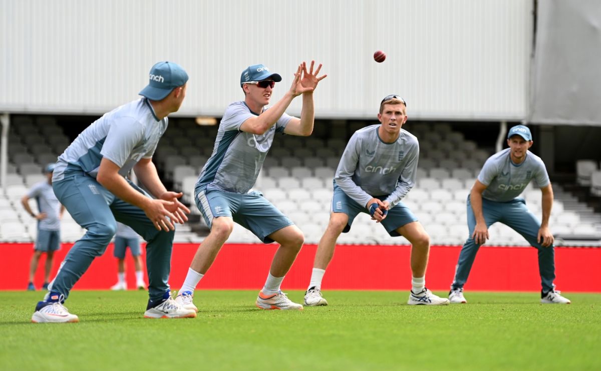 Harry Brook takes his place in England's slip cordon during practice