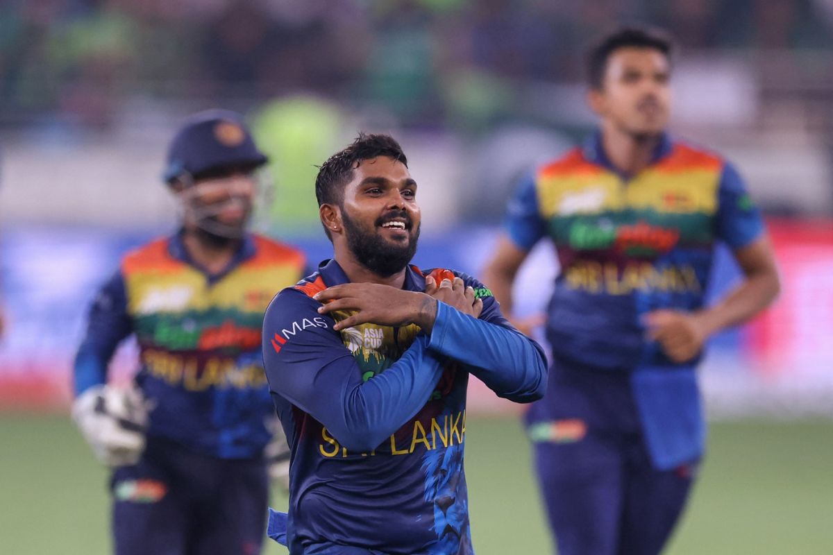 Wanindu Hasaranga celebrates after dismissing Mohammad Rizwan, Sri Lanka vs Pakistan, Asia Cup final, Dubai, September 11, 2022