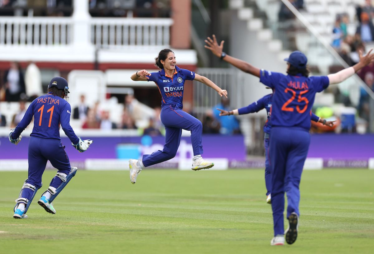 Renuka Singh celebrates after knocking over Tammy Beaumont, England vs India, 3rd ODI, Lord's, London, September 24, 2022 