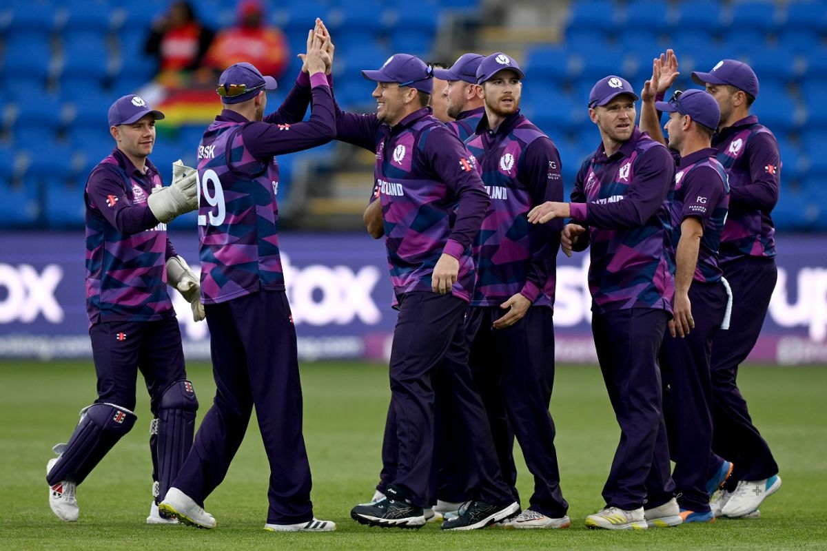 Scotland celebrate the fall of Kyle Mayers, West Indies vs Scotland, Men's T20 World Cup 2022, First round Group B, Hobart, October 17, 2022