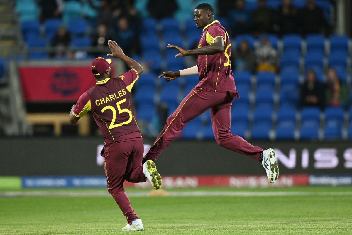 Jason Holder celebrates the wicket of Wessly Madhevere