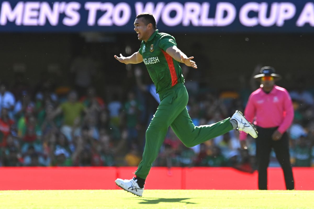 Taskin Ahmed takes off in celebration after sending back Regis Chakabva