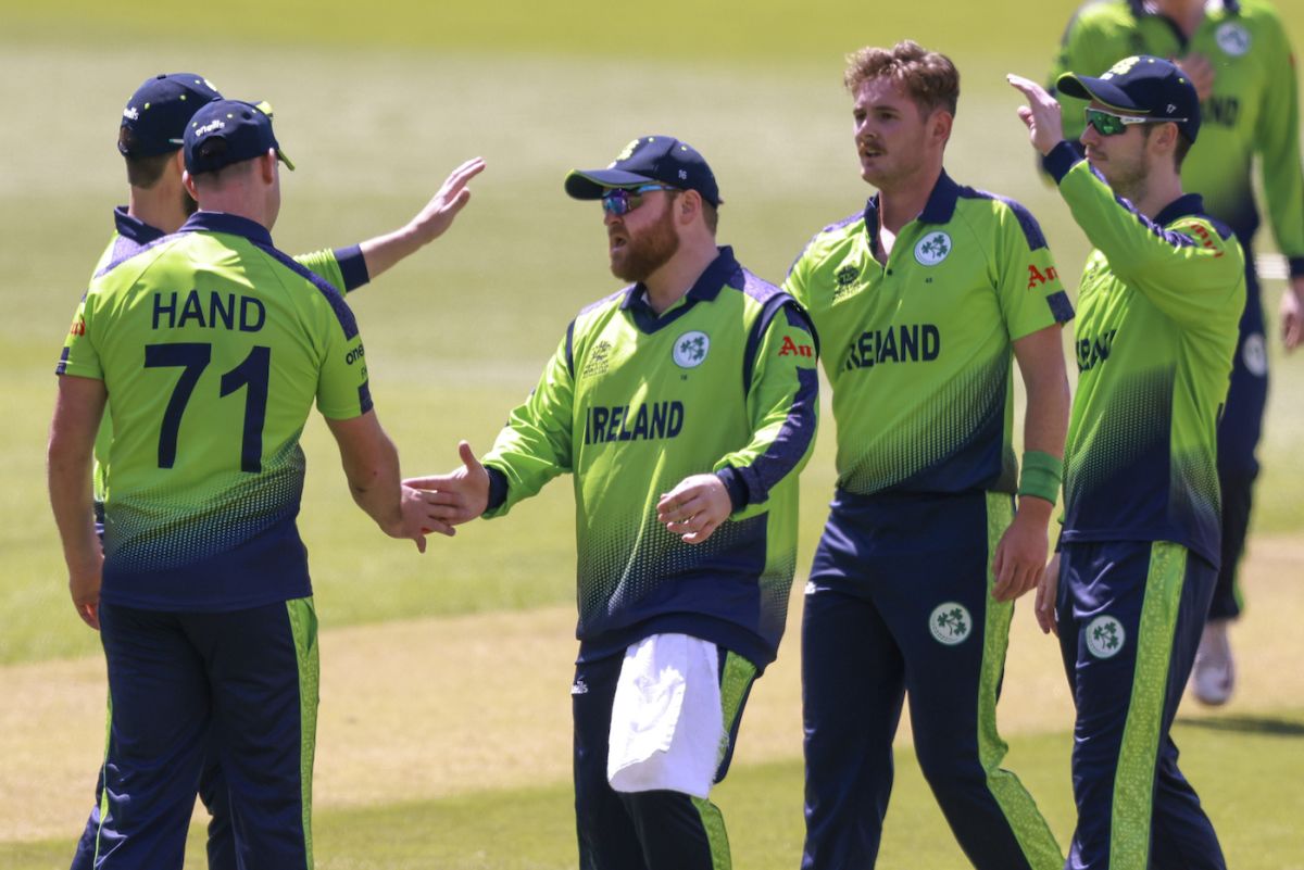 Mark Adair celebrates along with team-mates after dismissing Finn Allen, Ireland vs New Zealand, ICC Men's T20 World Cup 2022, Adelaide, November 4, 2022
