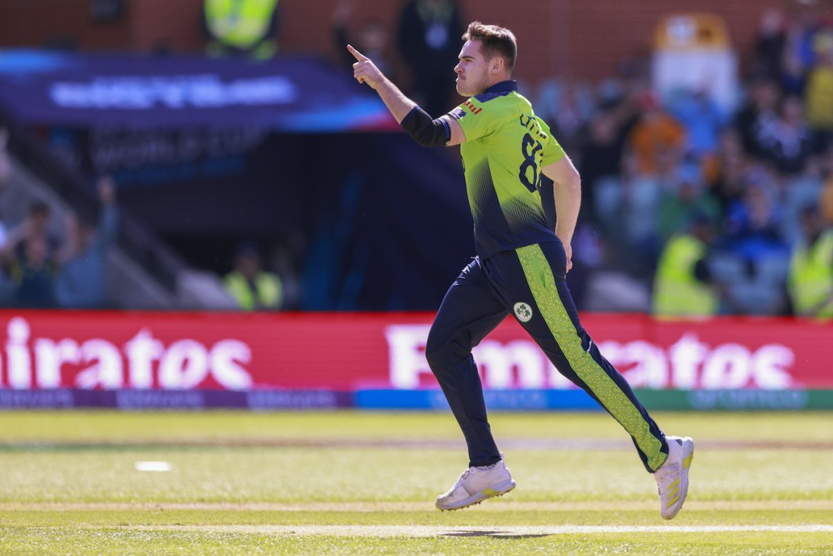 Josh Little leaps in celebration of his hat-trick, Ireland vs New Zealand, ICC Men's T20 World Cup 2022, Adelaide, November 4, 2022
