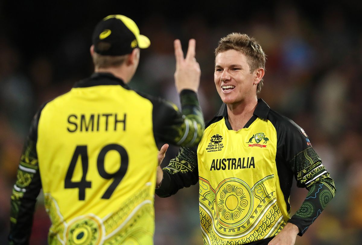 Adam Zampa celebrates a breakthrough with Steven Smith, Afghanistan vs Australia, ICC Men's T20 World Cup 2022, Adelaide, November 4, 2022
