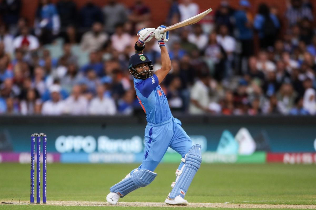 Virat Kohli holds his pose after hitting a six over cover, England vs India, Men's T20 World Cup 2022, 2nd semi-final, Adelaide, November 10, 2022