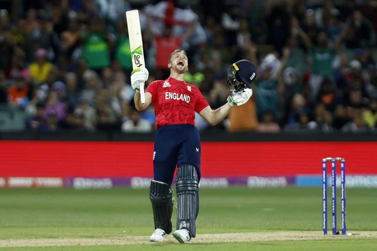 On top of the world: Jos Buttler celebrates a famous win over India, England vs India, Men's T20 World Cup 2022, 2nd semi-final, Adelaide, November 10, 2022