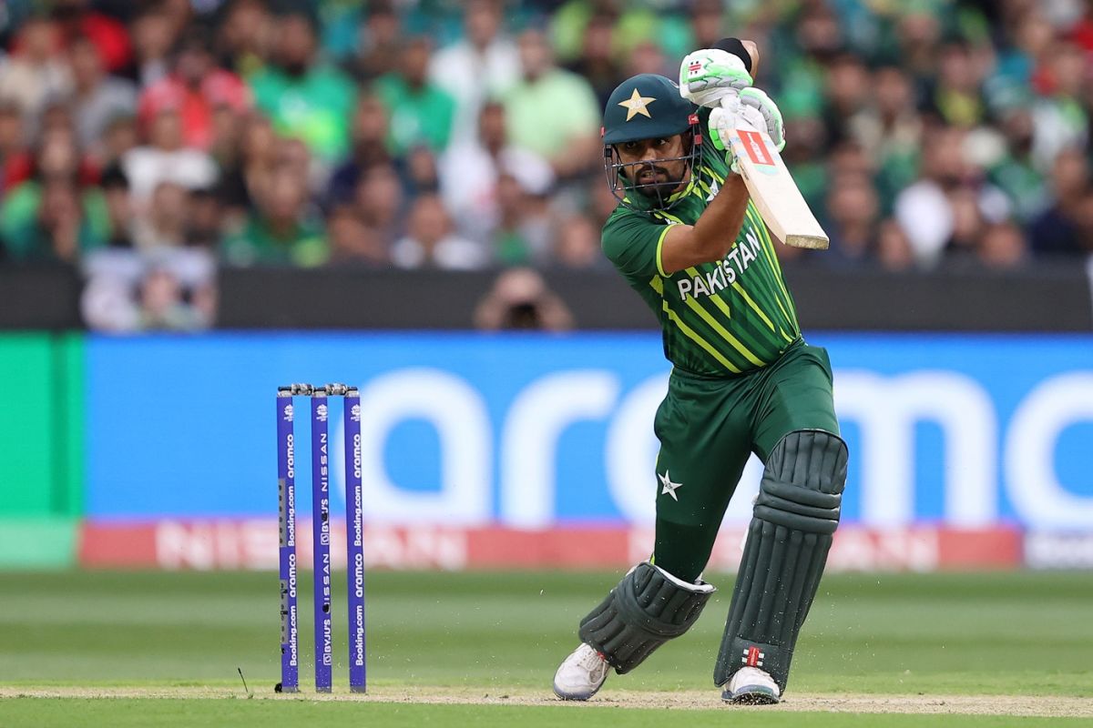 Babar Azam plays a cover drive 