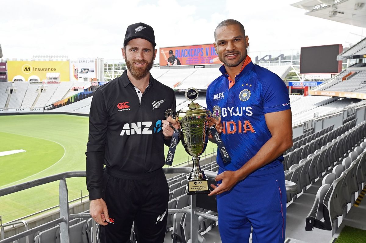 Kane Williamson and Shikhar Dhawan pose with the ODI series trophy, New Zealand vs India, Auckland, November 24, 2022