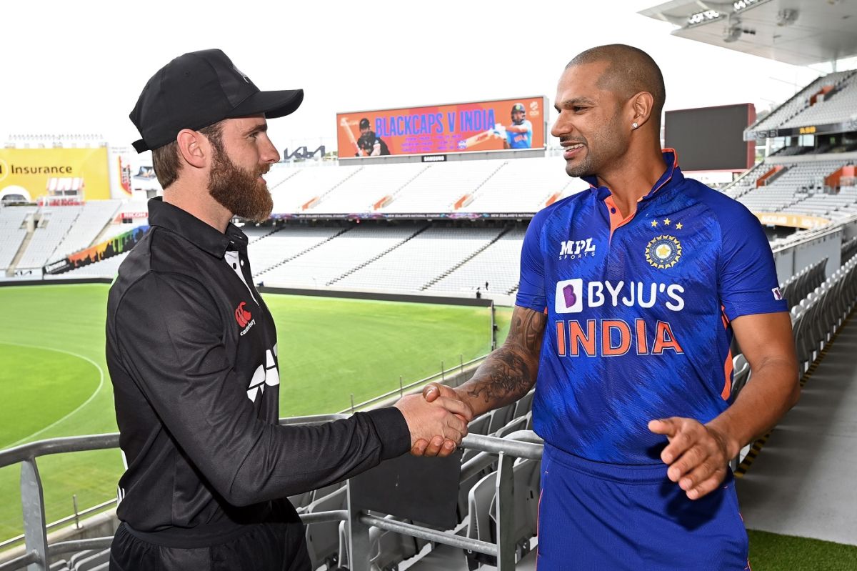Kane Williamson and Shikhar Dhawan shake hands ahead of the ODI series, New Zealand vs India, Auckland, November 24, 2022