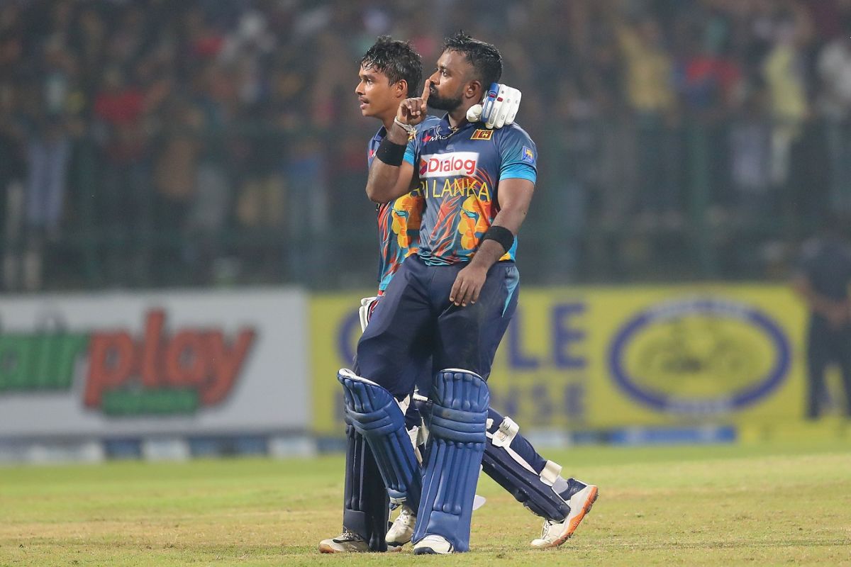 Charith Asalanka and Dunith Wellalage celebrate Sri Lanka's record-breaking chase, Sri Lanka vs Afghanistan, 3rd ODI, Pallekele, November 30, 2022