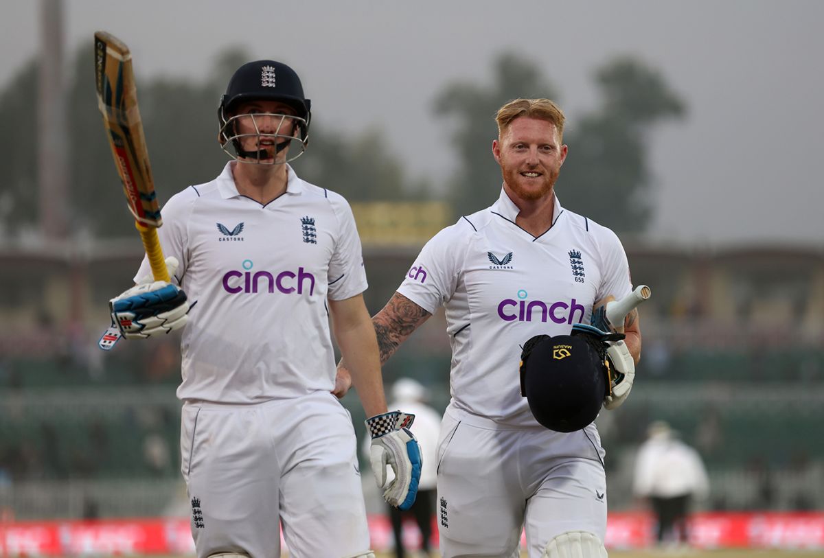 Harry Brook and Ben Stokes walk off after England scored 506 for 4 in the day, Pakistan vs England, 1st Test, Rawalpindi, 1st day, December 1, 2022