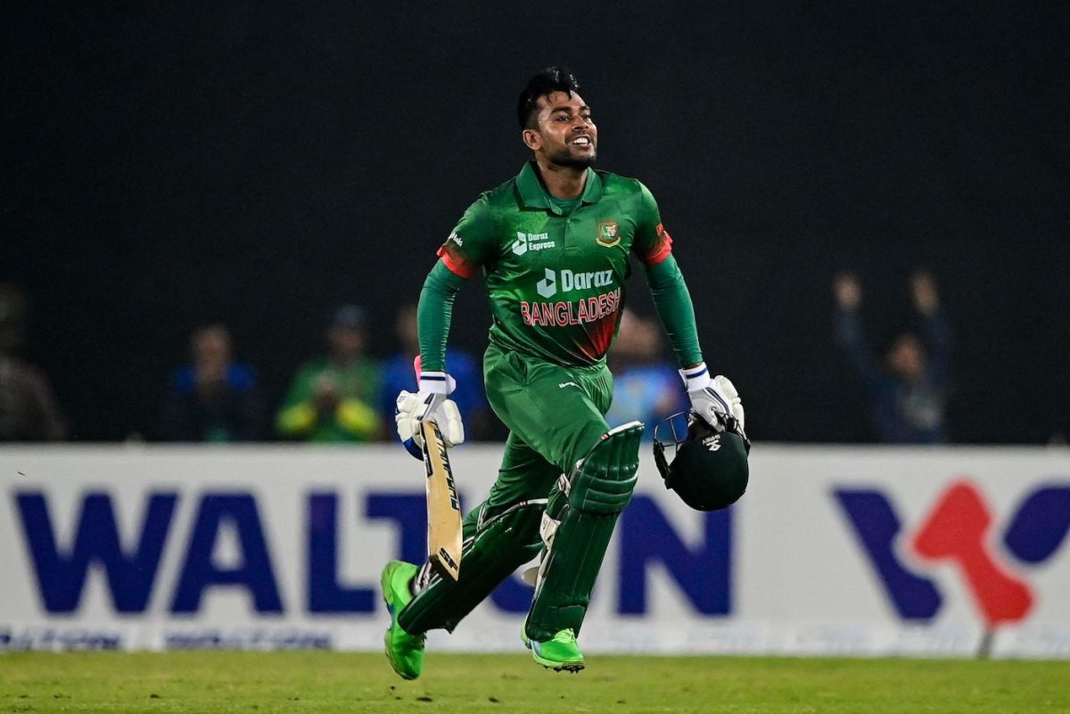 Mehidy Hasan Miraz celebrates jubilantly after taking Bangladesh to the win•Dec 04, 2022•Getty Images