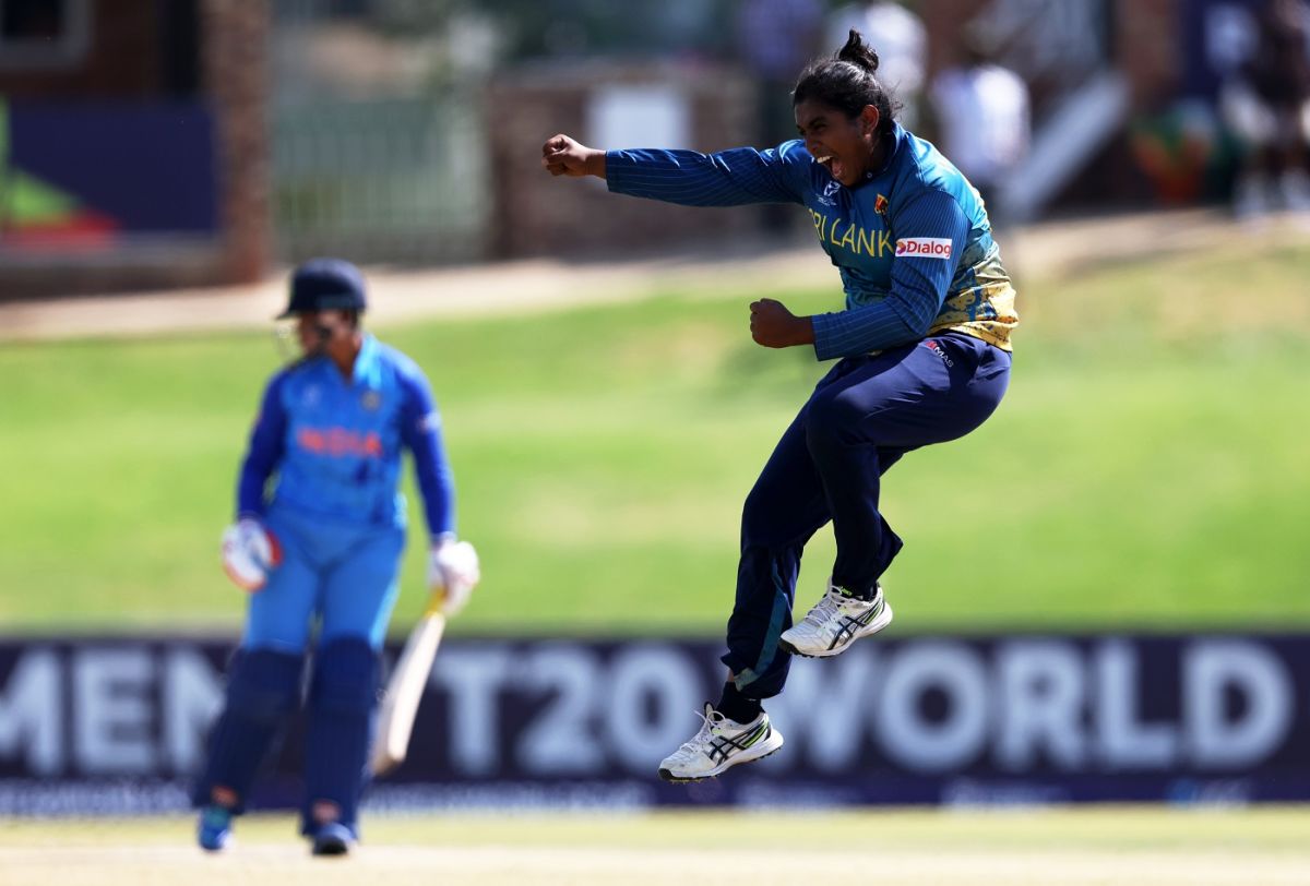 Dewmi Vihanga dismissed Shafali Verma and Richa Ghosh in the space of three balls, India vs Sri Lanka, U19 Women's T20 World Cup, Potchefstroom, January 22, 2023