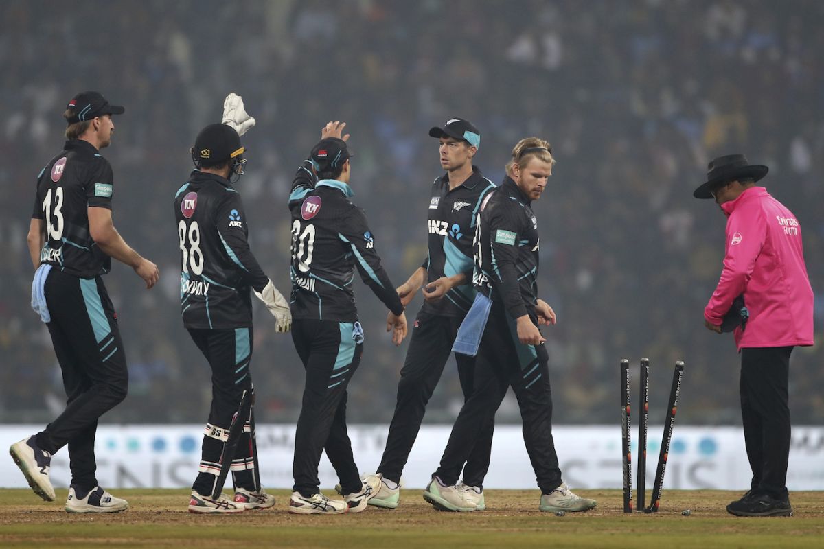 Mitchell Santner and Glenn Phillips celebrate a run out, India vs New Zealand, 2nd T20I, Lucknow, January 29, 2023