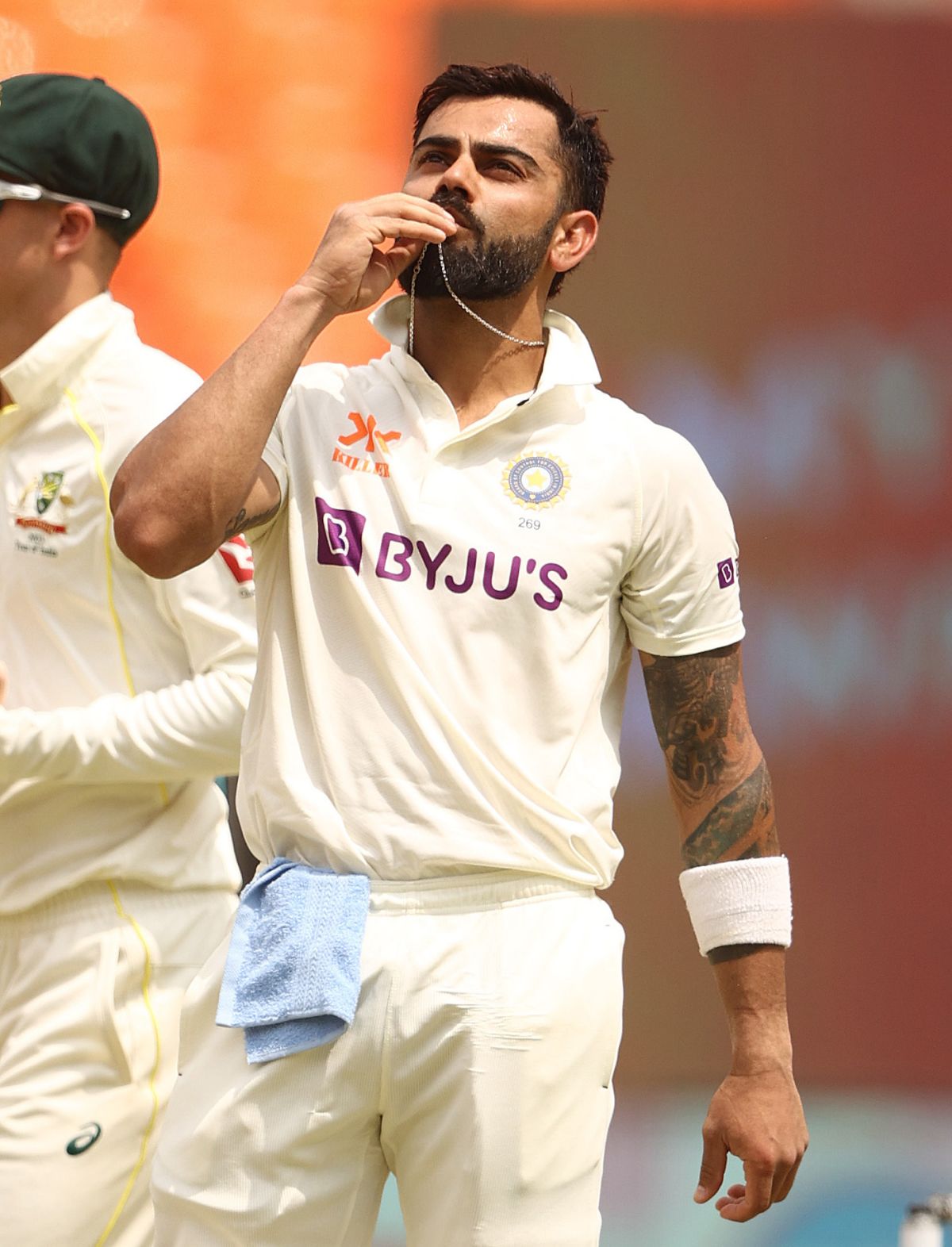 Virat Kohli says a quiet prayer after scoring his first Test century since November 2019, India vs Australia, 4th Test, Ahmedabad, 4th day, March 12, 2023