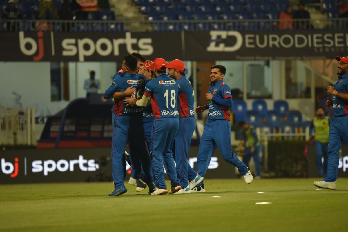 Fazalhaq Farooqi and Co celebrate, Afghanistan vs Pakistan, 1st T20I, Sharjah, March 24, 2023