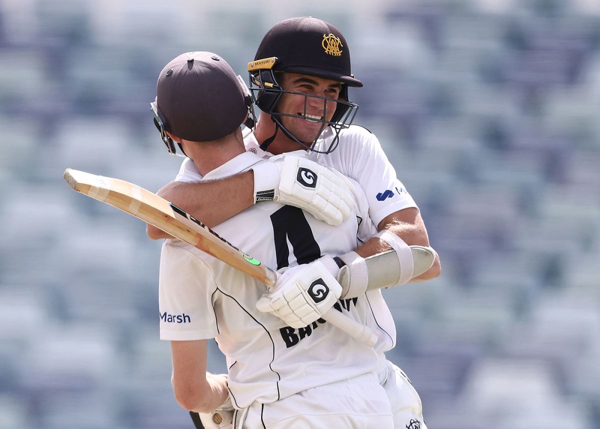 Teague Wyllie and Cameron Bancroft embrace after the winning runs, Western Australia vs Victoria, Sheffield Shield, Final, WACA, March 26, 2023