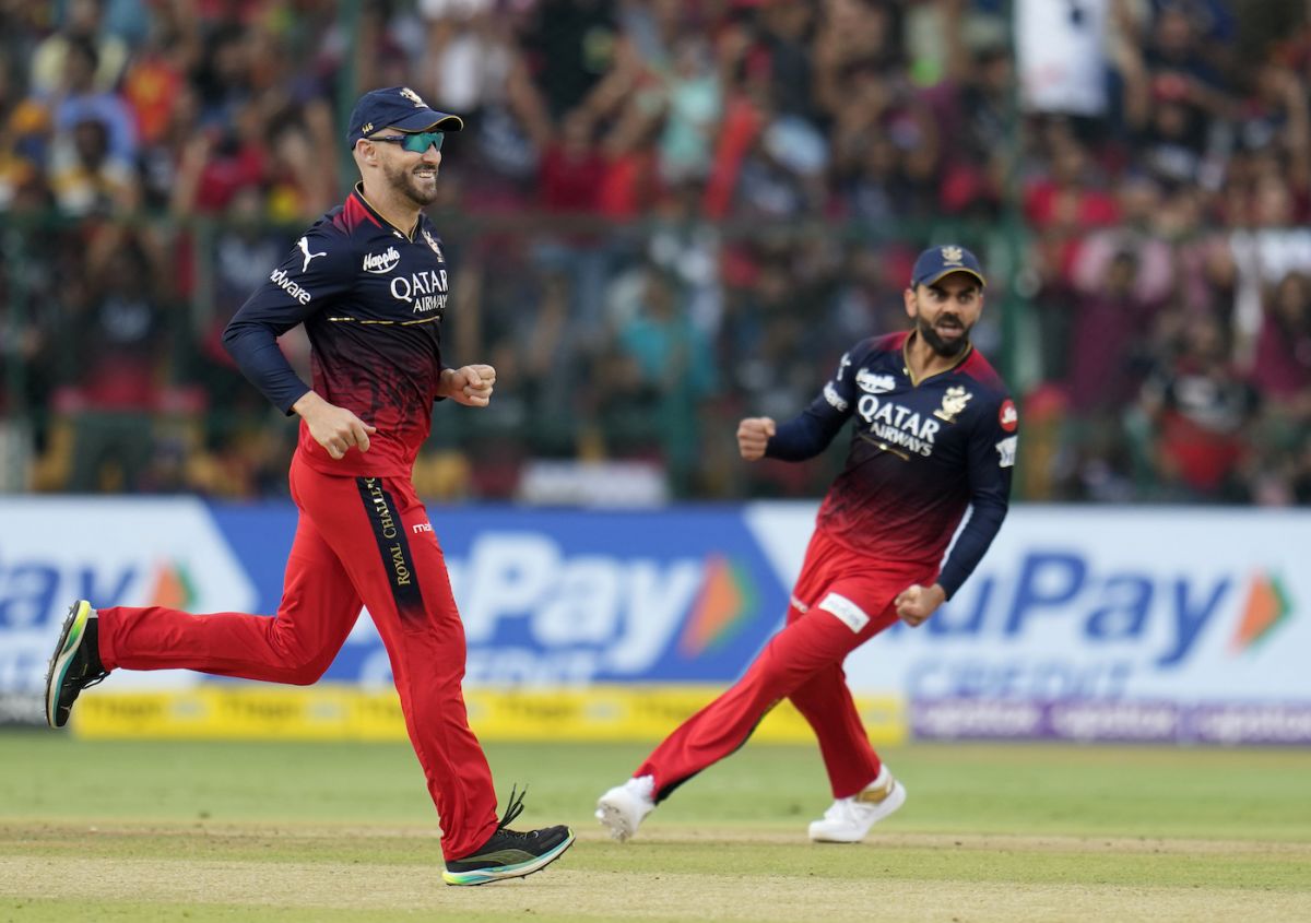 Faf du Plessis and Virat Kohli celebrate the fall of first wicket, Royal Challengers Bangalore vs Delhi Capitals, IPL 2023, Bengaluru, April 15, 2023