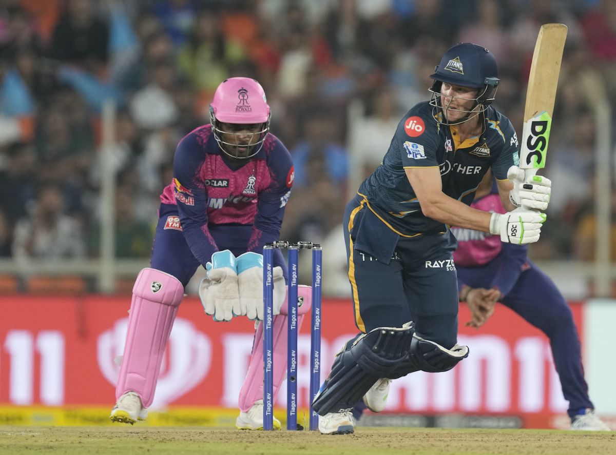 David Miller clips the ball with Sanju Samson behind the stumps ...