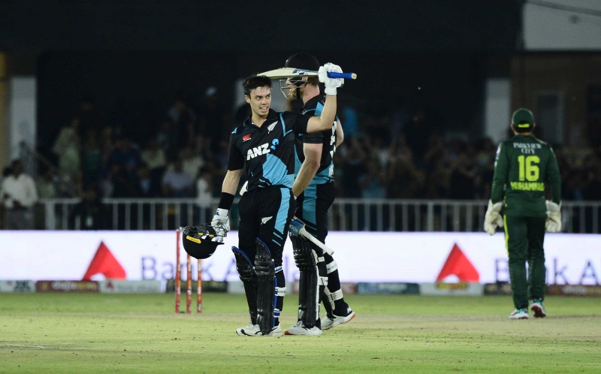 Mark Chapman celebrates after reaching 100, Pakistan vs New Zealand, 5th T20I, Rawalpindi, April 24, 2023
