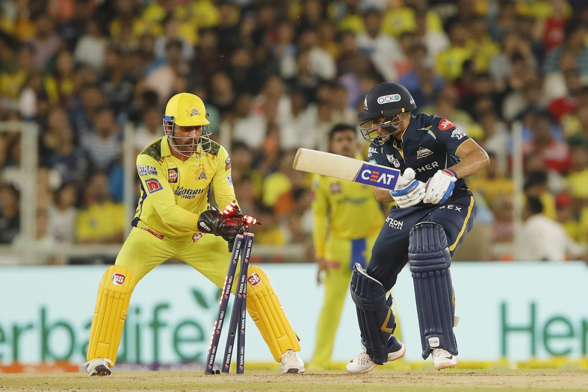 MS Dhoni pulls off a sharp stumping to send Shubman Gill back off Ravindra Jadeja, Chennai Super Kings vs Gujarat Titans, IPL 2023 final, Ahmedabad, May 29, 2023