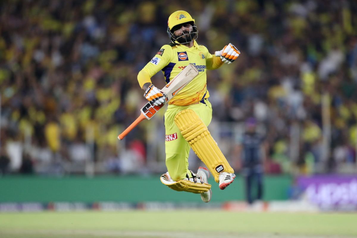 Ravindra Jadeja leaps into the sky after completing the win, Chennai Super Kings vs Gujarat Titans, IPL 2023 final, Ahmedabad, May 29, 2023