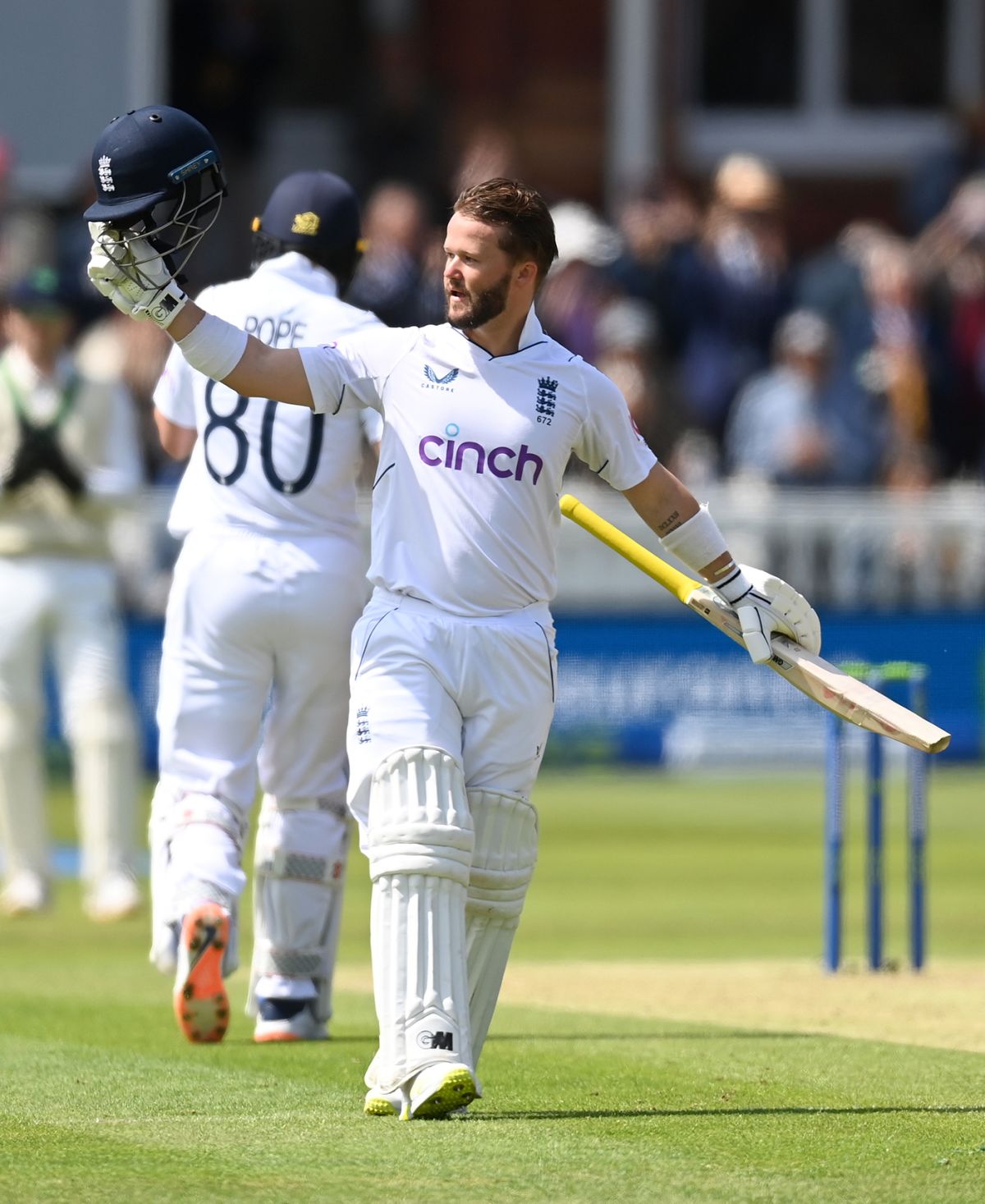 Ben Duckett celebrates his second Test hundred