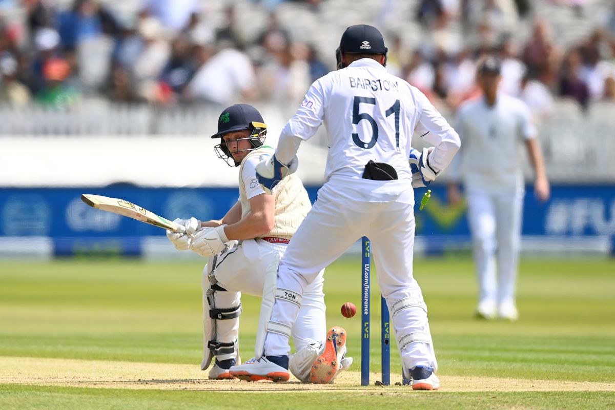 Lorcan Tucker bottom-edged a sweep onto his stumps, England vs Ireland, only Test, Lord's, 3rd day, June 3, 2023