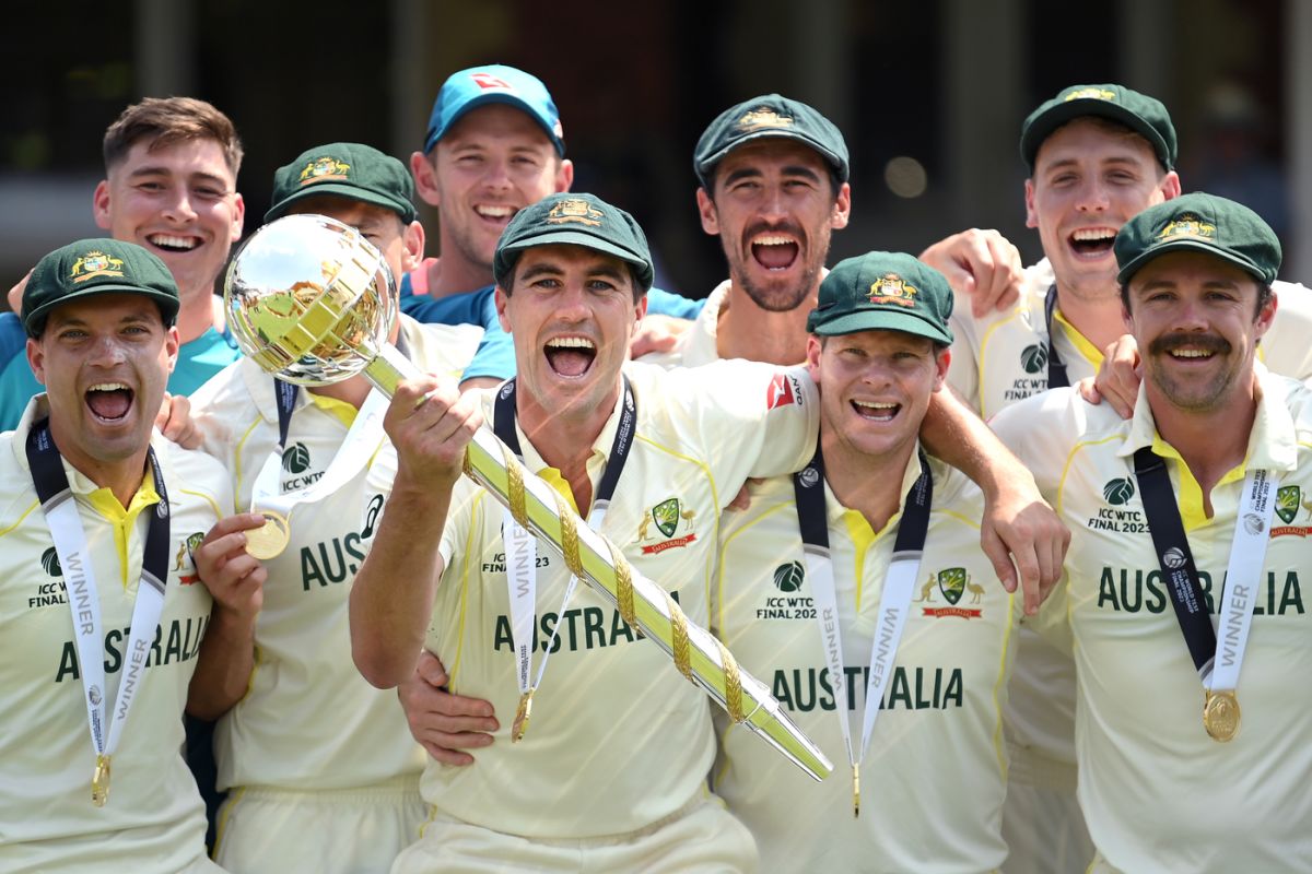 Pat Cummins walks off the field after the WTC win