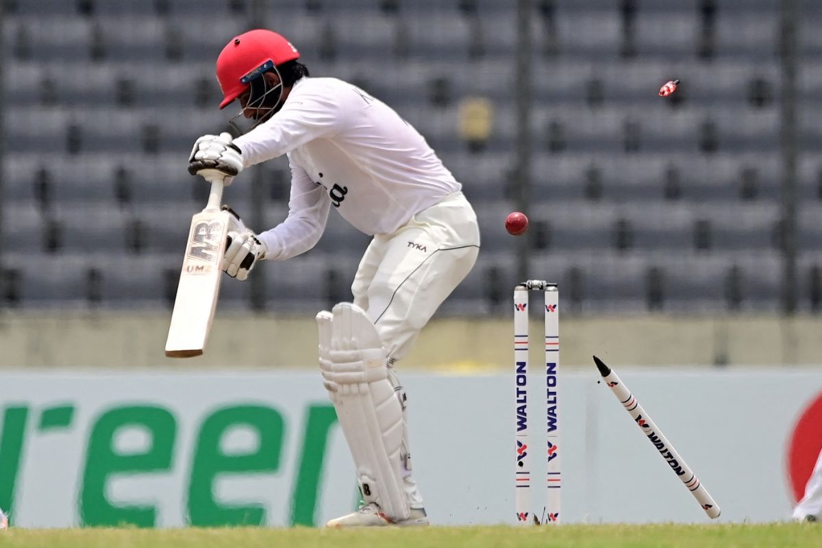 Karim Janat's off stump went cartwheeling thanks to Taskin Ahmed, Bangladesh vs Afghanistan, Only Test, Mirpur, 4th day, June 17, 2023