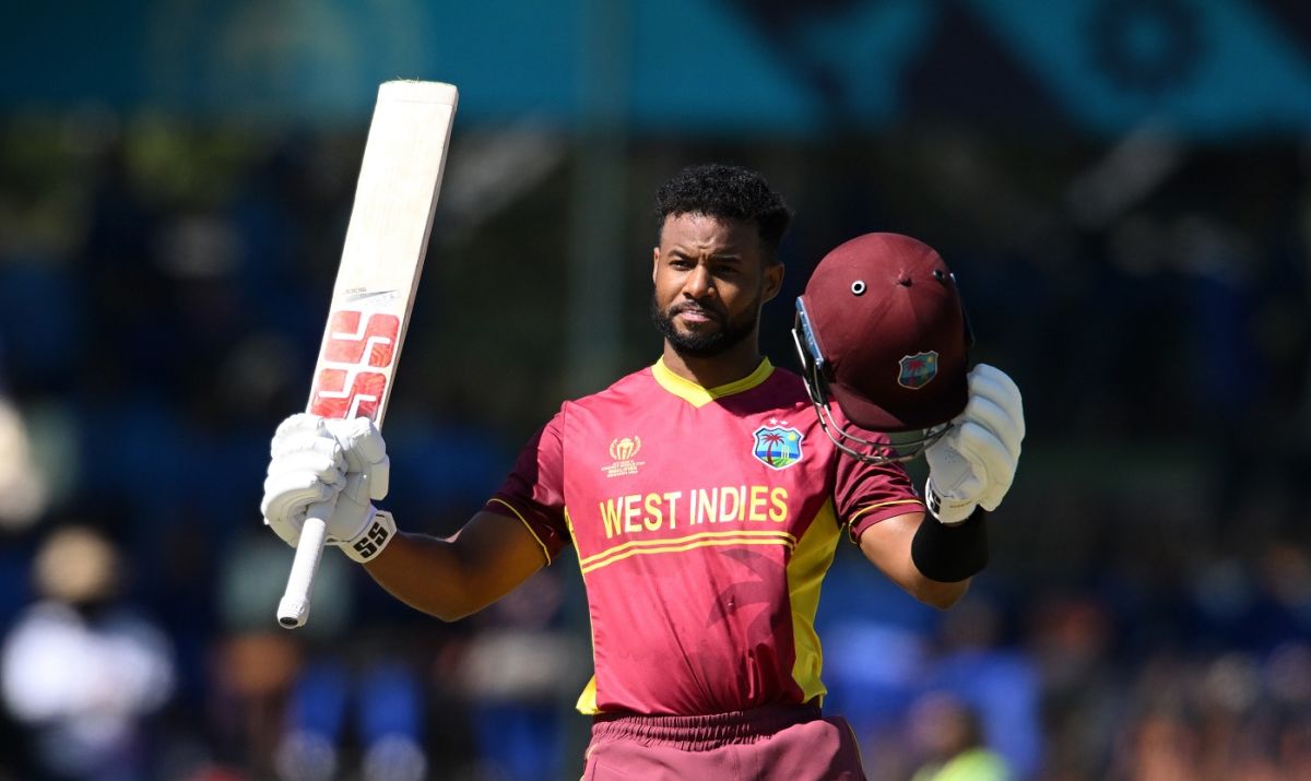 Shai Hope celebrates his 15th ODI century, Nepal vs West Indies, World Cup Qualifier, Harare, June 22, 2023