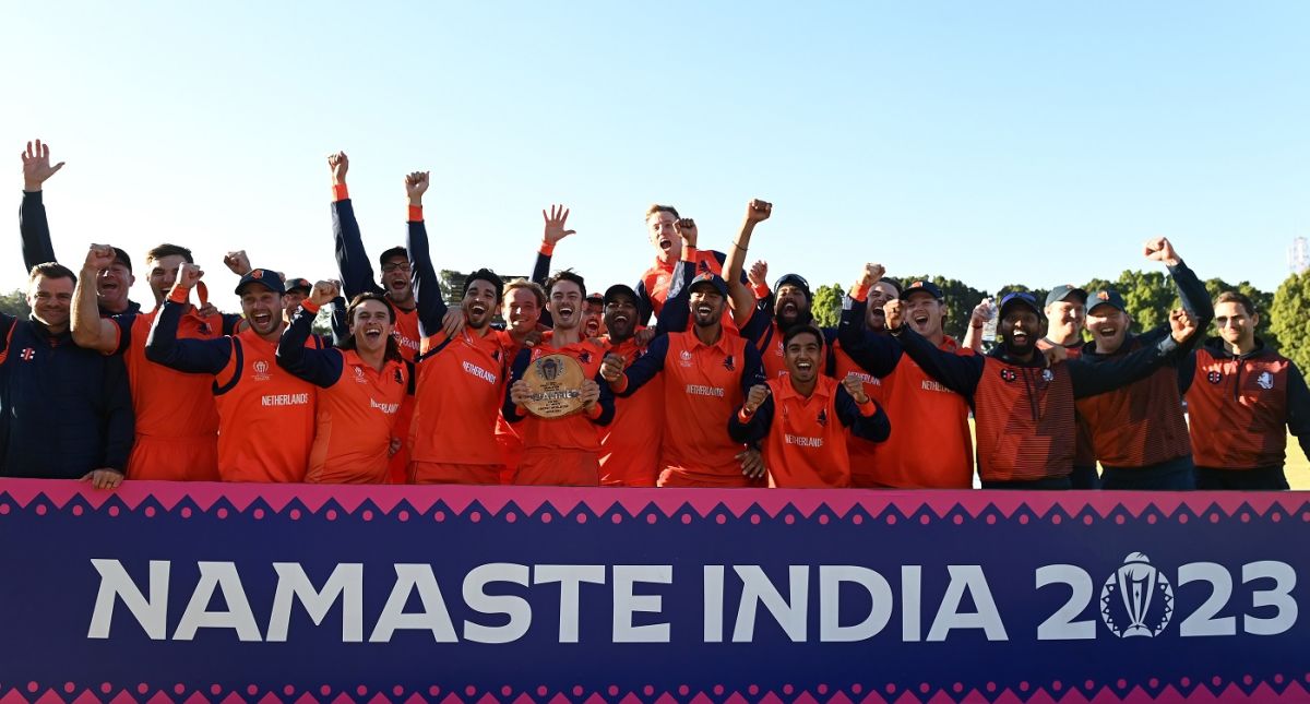 Netherlands rejoice after qualifying for the Men's ODI World Cup, Netherlands vs Scotland, ODI World Cup Qualifier, Super Six, Bulawayo, July 6, 2023