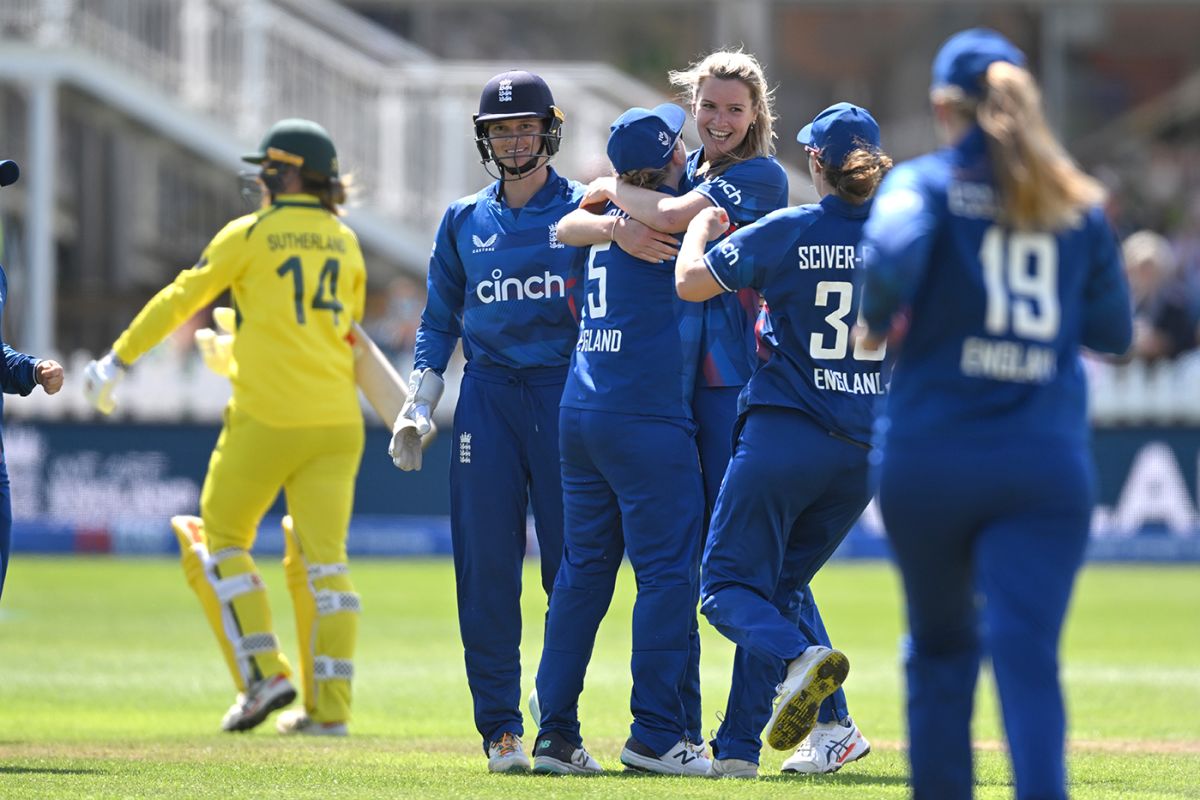 Lauren Bell celebrates after her second wicket in three balls ...