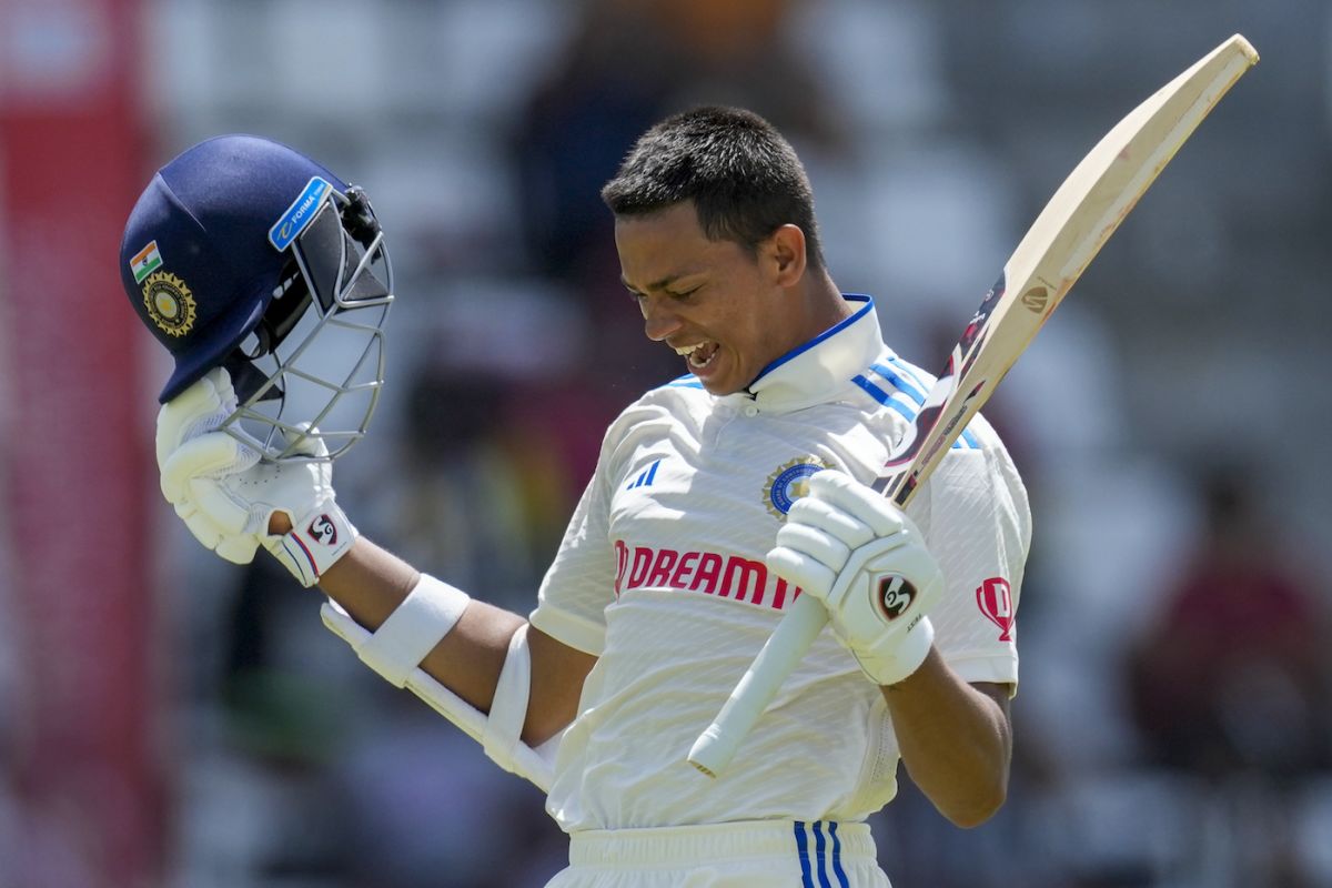 Yashasvi Jaiswal celebrates a hundred on Test debut, West Indies vs India, 1st Test, Dominica, 2nd day, July 13, 2023