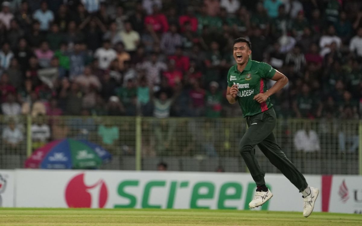 Taskin Ahmed is a pleased bowler after a strike, Bangladesh vs Afghanistan, 2nd T20I, Sylhet, July 16, 2023