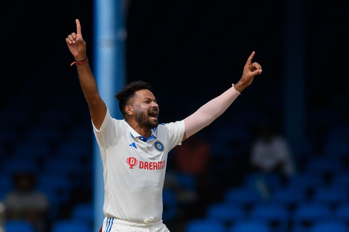 Mukesh Kumar removed Alick Athanaze in the first over on day four, West Indies vs India, 2nd Test, Port-of-Spain, 4th day, July 23, 2023