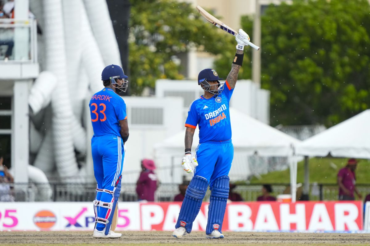 Suryakumar Yadav raises his bat on getting to fifty, West Indies vs India, 5th men's T20I, Lauderhill, August 13, 2023