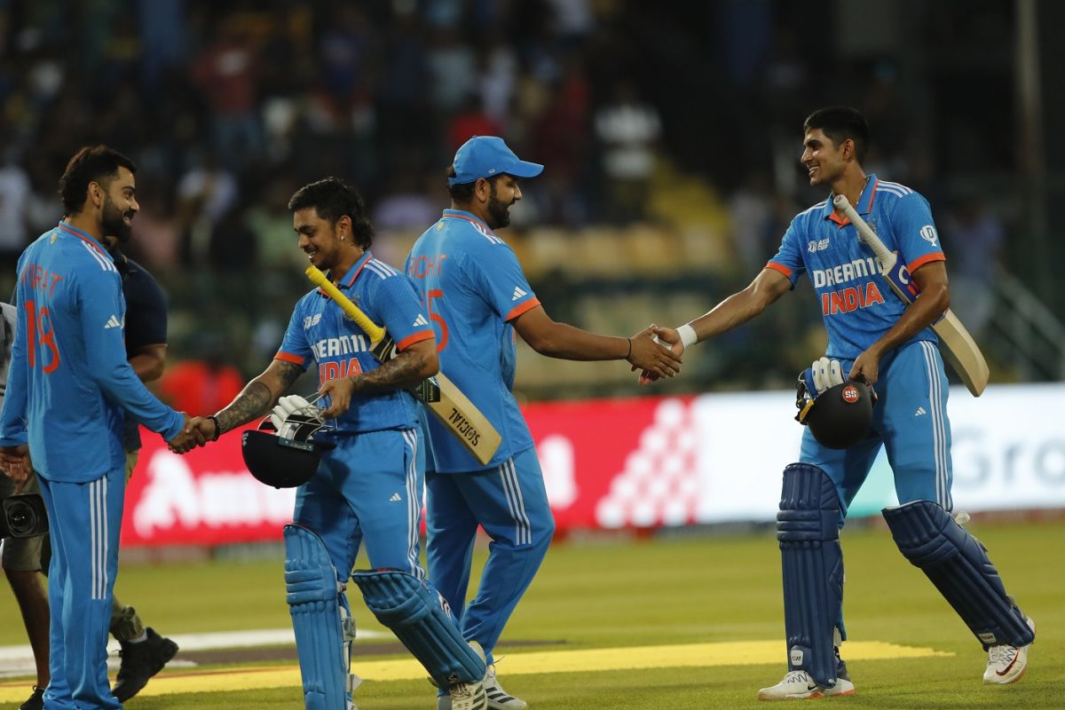Rohit Sharma greets Shubman Gill and Virat Kohli congratulates Ishan Kishan after India's 263-ball win, India vs Sri Lanka, Asia Cup final, Colombo, September 17, 2023