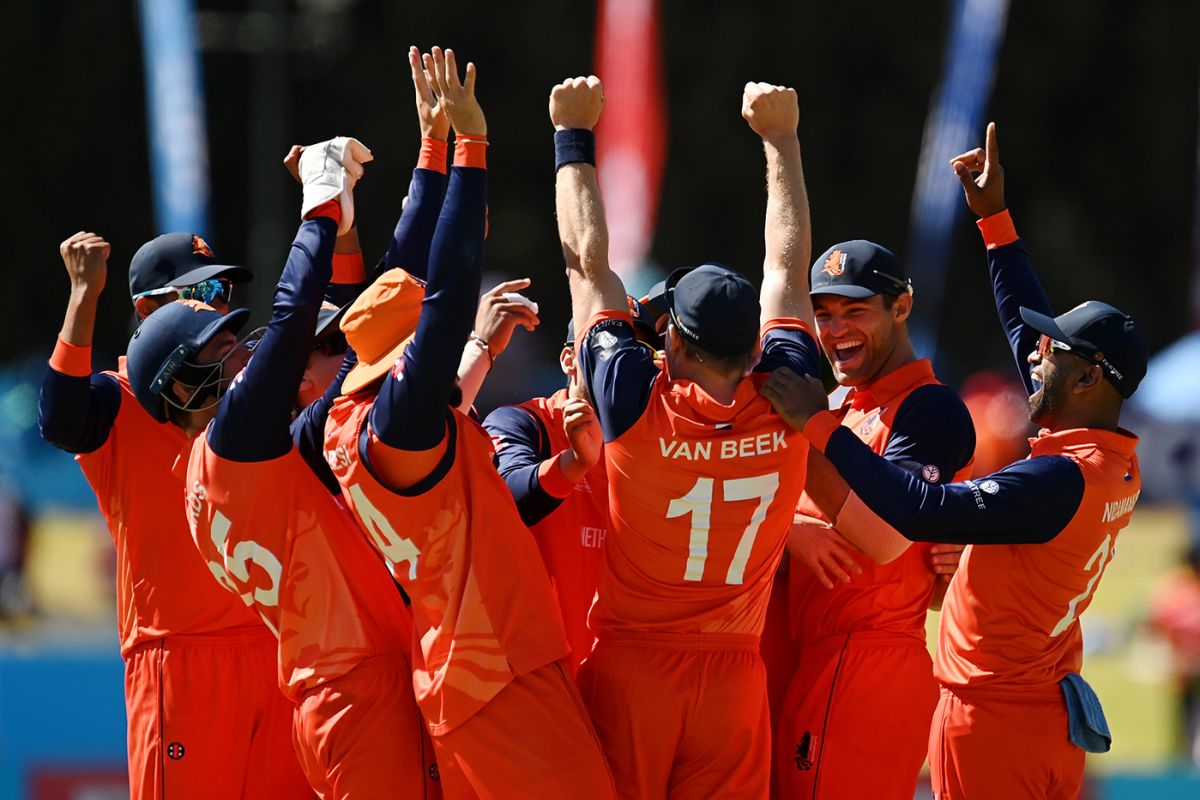 The Netherlands players celebrate, Netherlands vs Sri Lanka, ODI World Cup Qualifier, Super Six, Harare, July 9, 2023