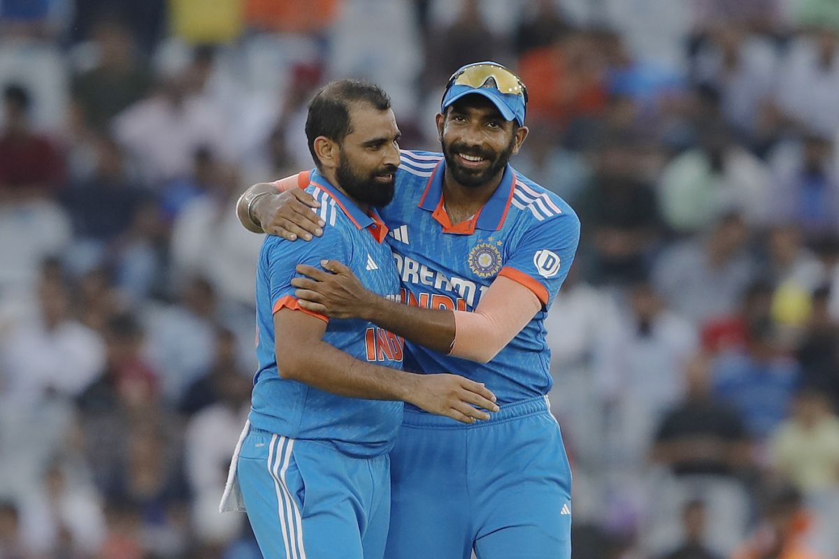 Enjoying each other's success - Jasprit Bumrah celebrates with Mohammed Shami, India vs Australia, 1st ODI, Mohali, September 22, 2023