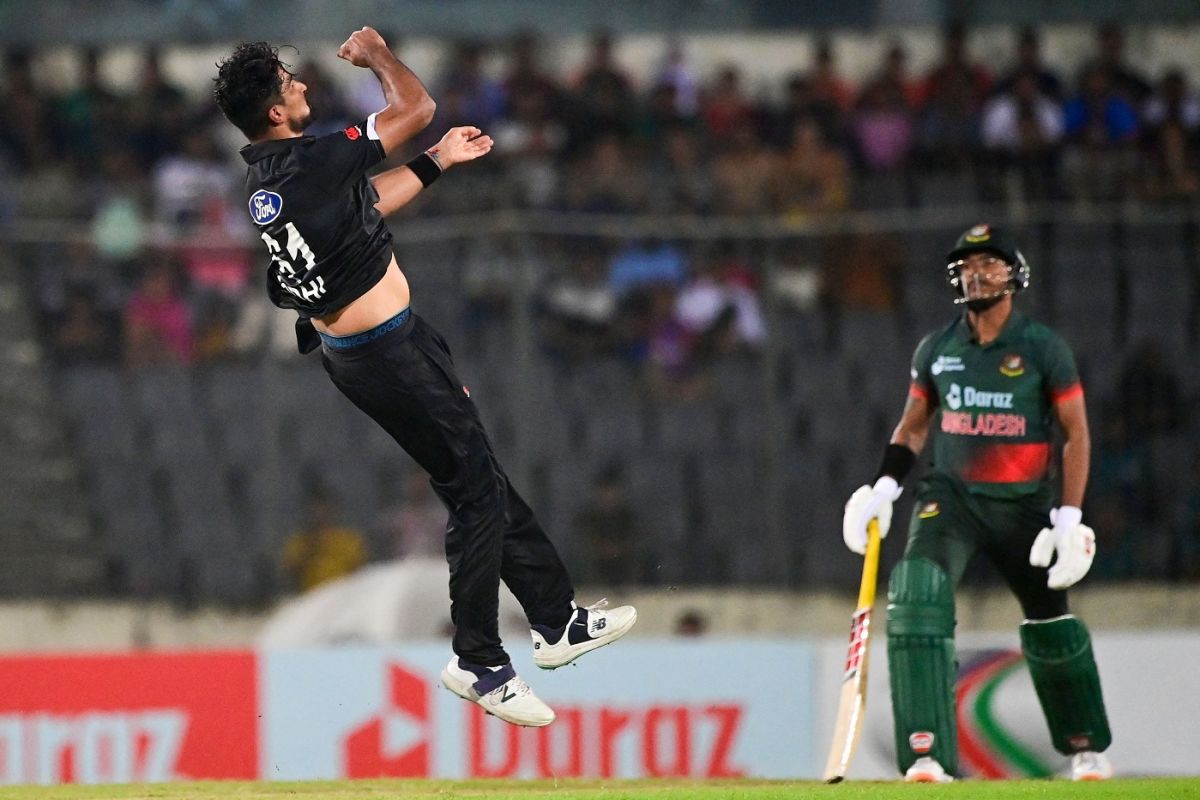 Ish Sodhi is jubilant after dismissing Soumya Sarkar in a caught and bowled, Bangladesh v New Zealand, 2nd ODI, Mirpur, September 23, 2023