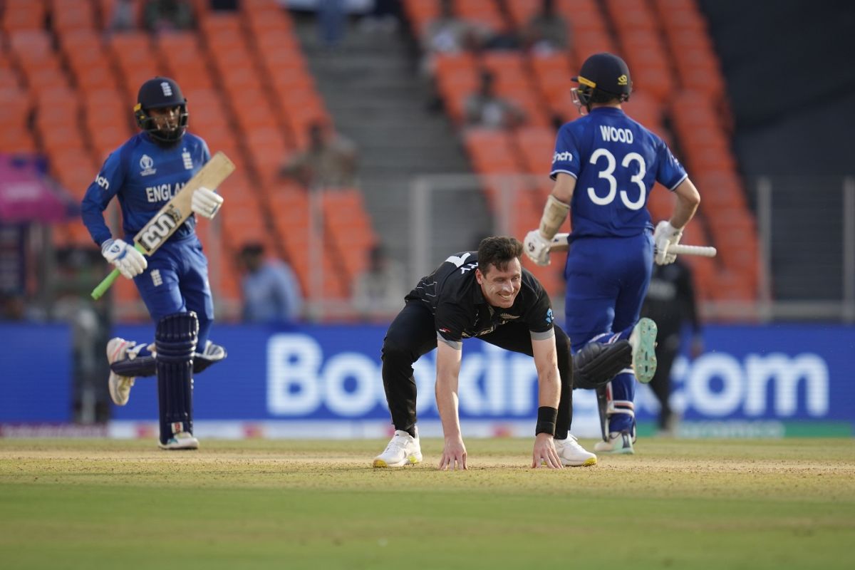 Matt Henry reacts in the field, England vs New Zealand, Men's ODI World Cup 2023, Ahmedabad, October 5, 2023