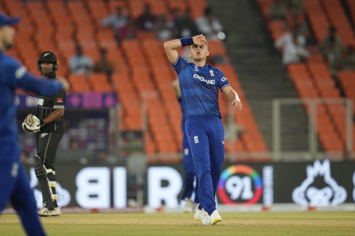 Sam Curran reacts in the field, England vs New Zealand, Men's ODI World Cup 2023, Ahmedabad, October 5, 2023
