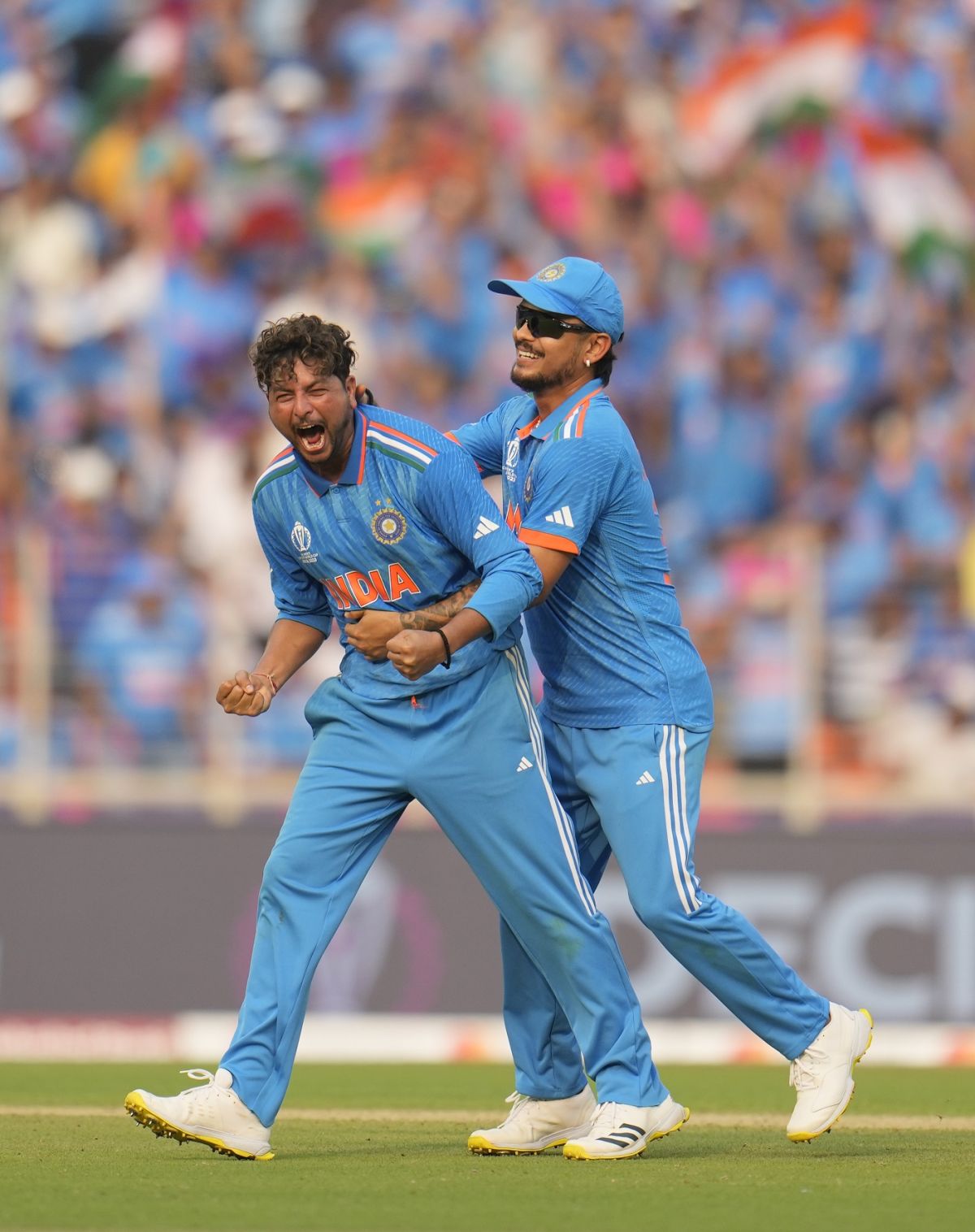 Kuldeep Yadav is joined by Ishan Kishan in celebration, India vs Pakistan, Men's World Cup 2023, Ahmedabad, October 14, 2023