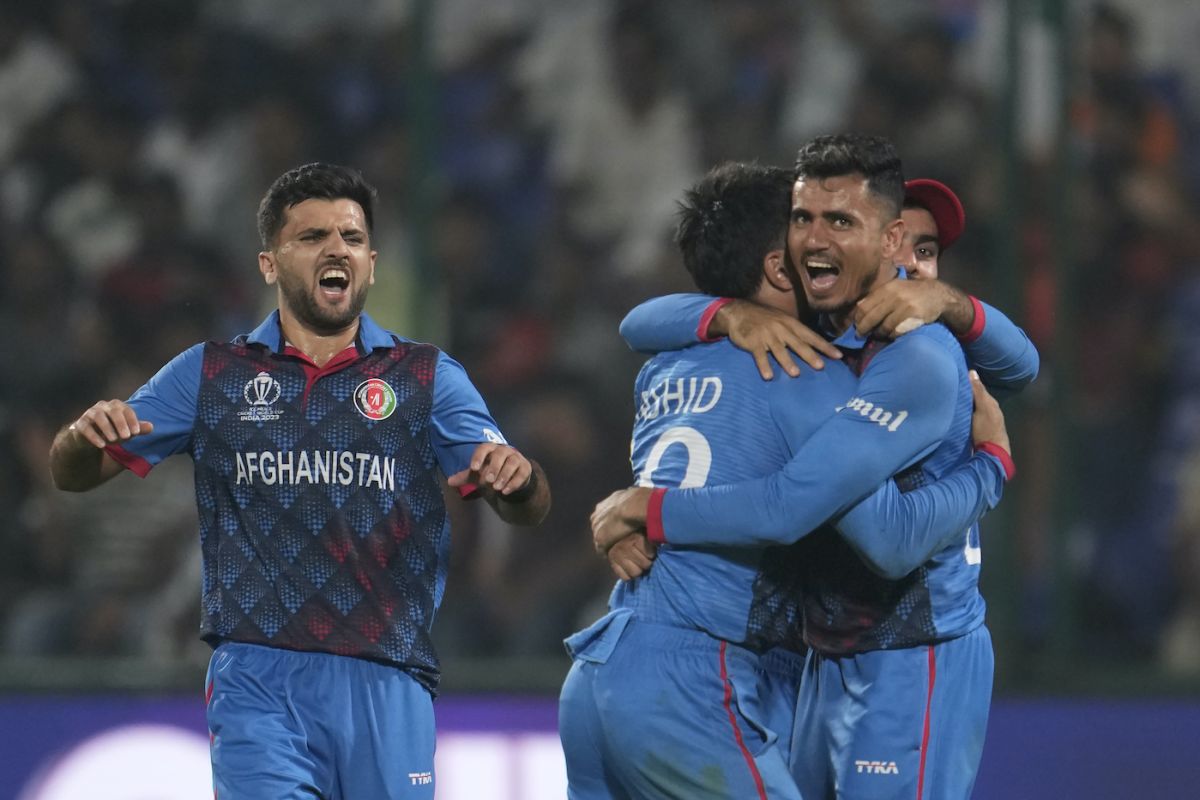 Rashid Khan shows some love to Mujeeb Ur Rahman, who set up the win, England vs Afghanistan, Men's ODI World Cup 2023, Delhi, October 15, 2023